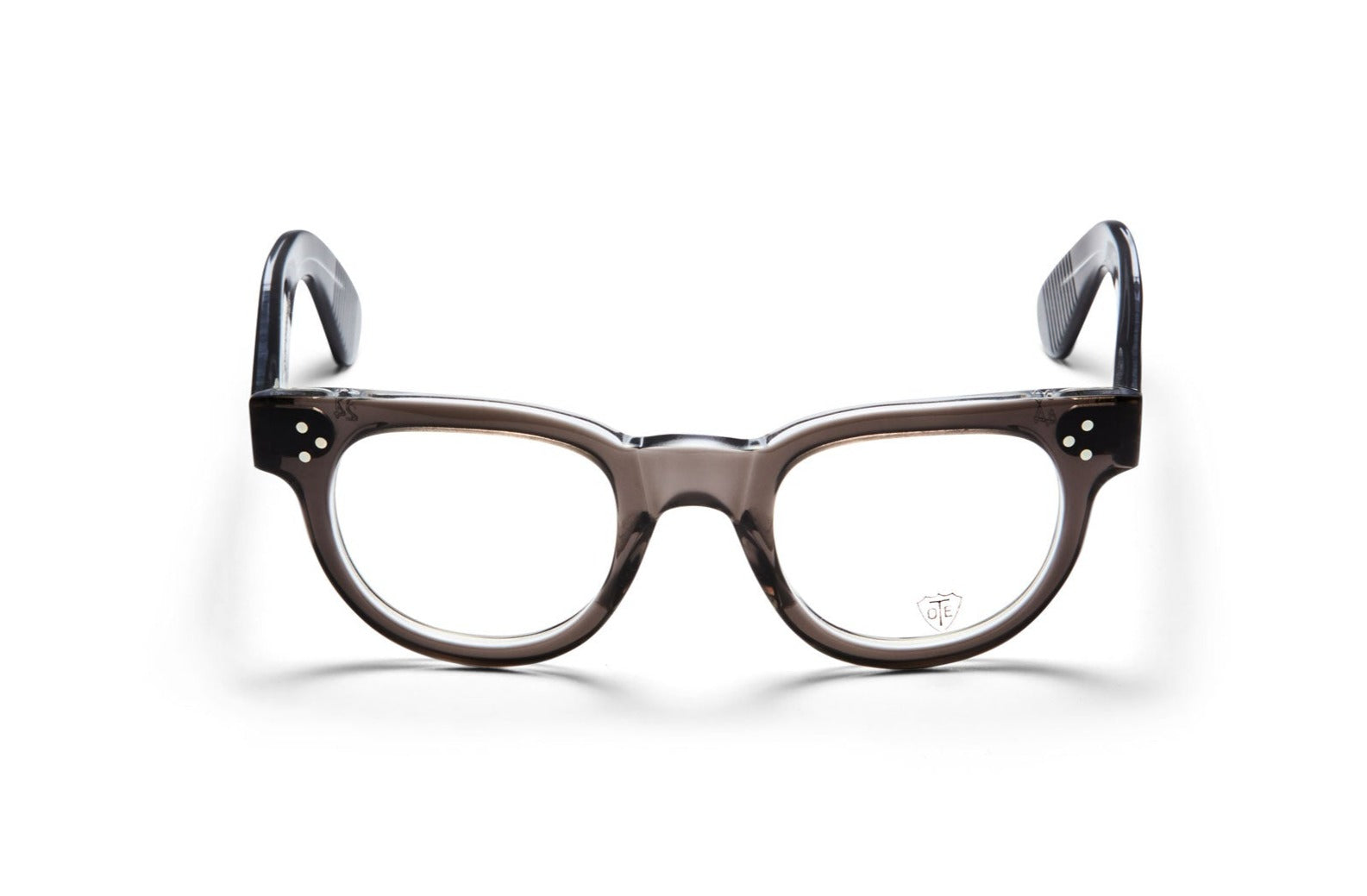 A front view of the smoke grey FDR frame, the luxury fashion glasses.
