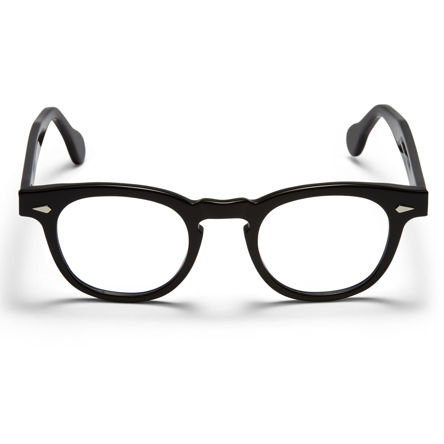 A front view of the glossy black Arnel USA frame—the Vintage eyewear.