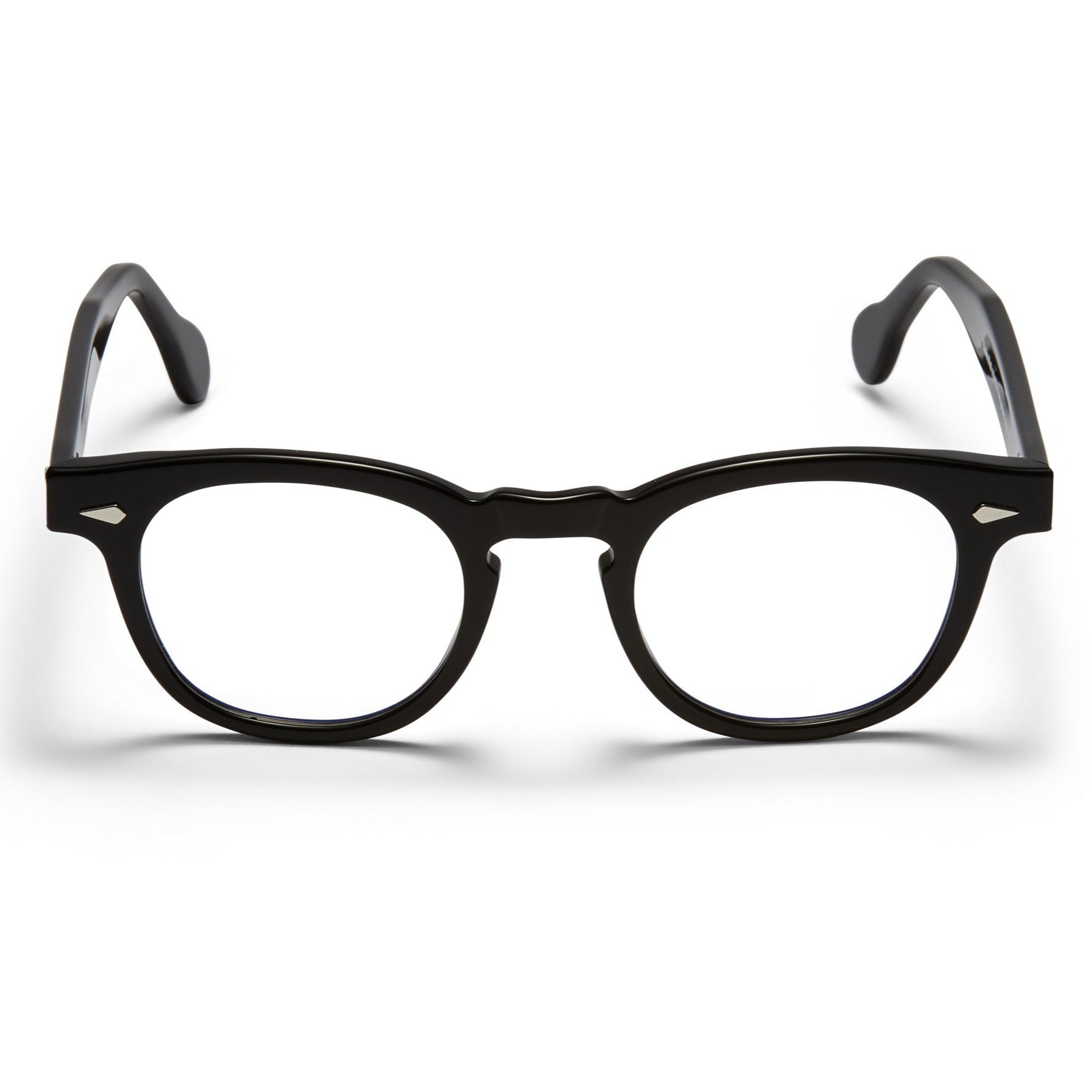A front view of the glossy black Arnel USA frame—the Vintage eyewear.