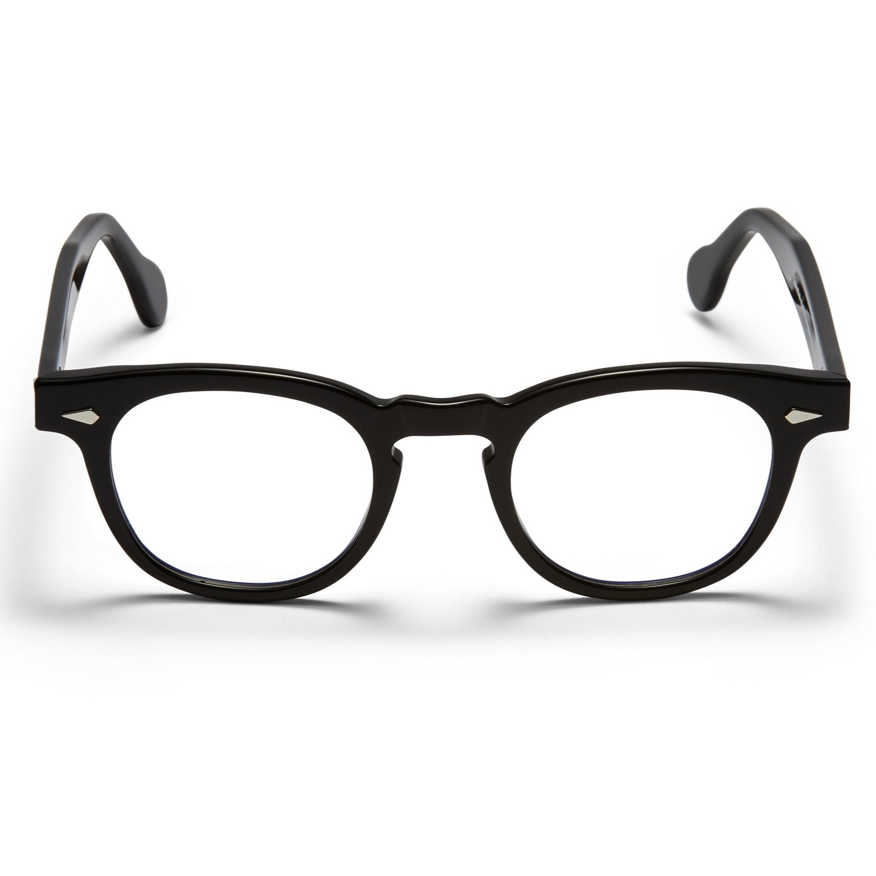 A front view of the glossy black Arnel USA frame—the Vintage eyewear.