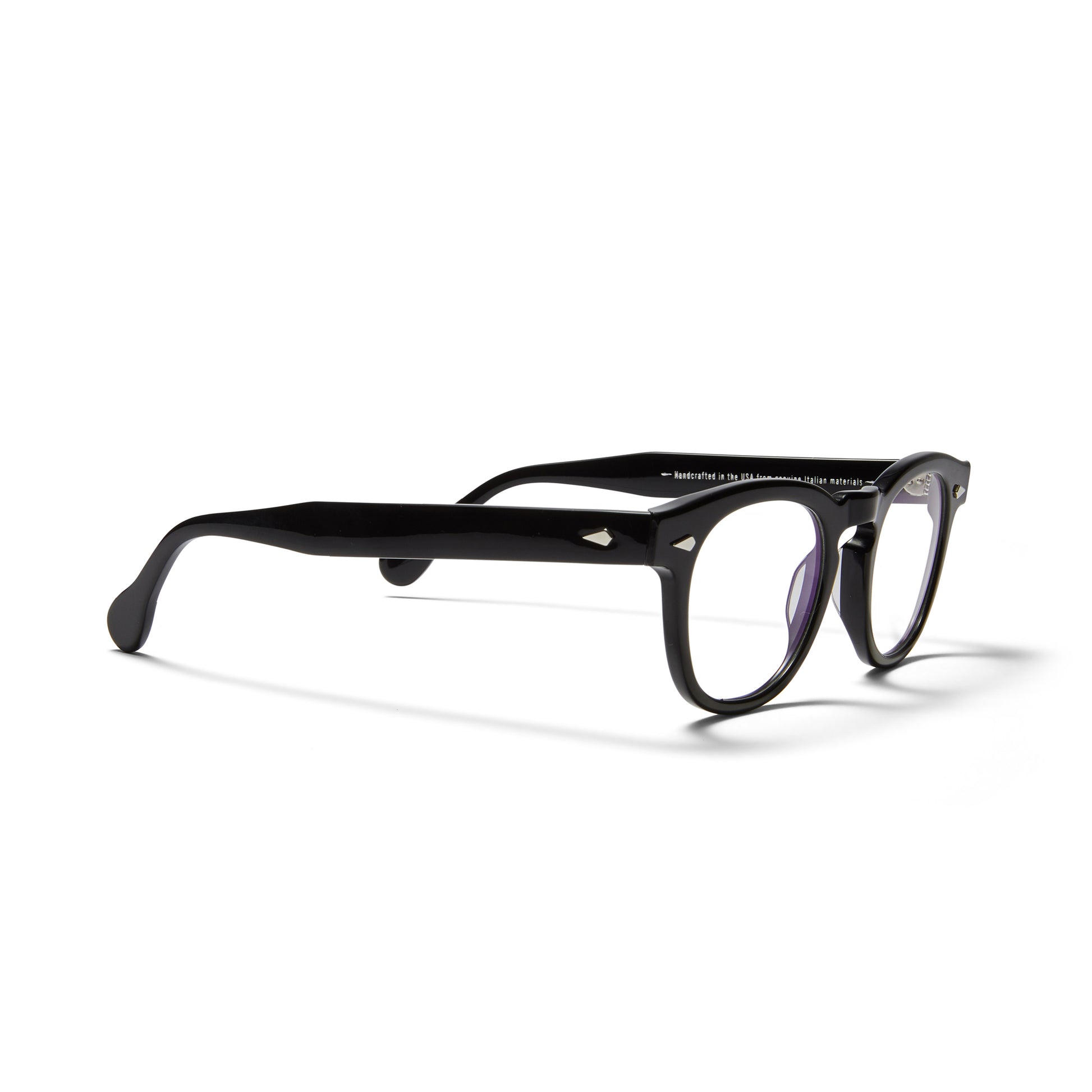 A side view of the glossy black Arnel USA frame—the Vintage eyewear.