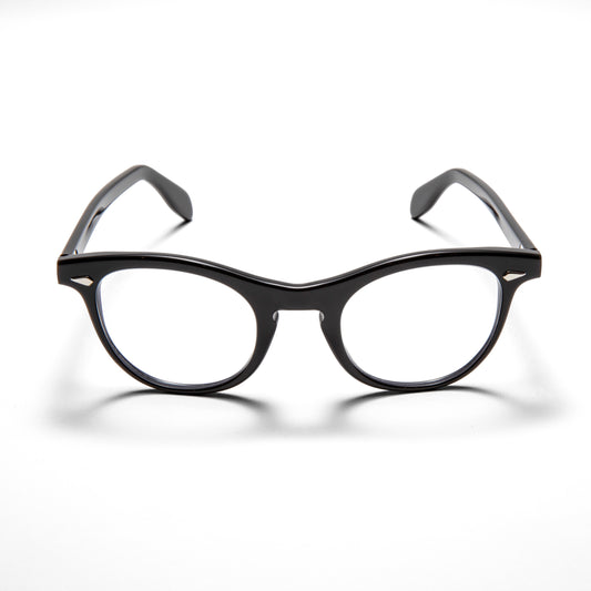 A front view of the glossy black Leading Liz frame, the luxury cat-eye fashion glasses.