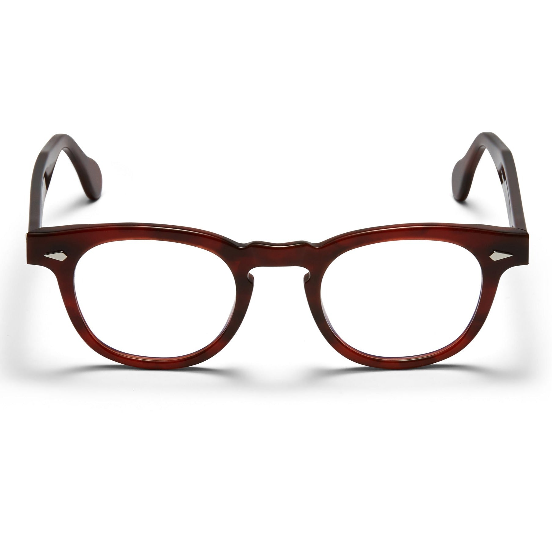 A front view of the burgundy Arnel USA frame—the Vintage eyewear. 