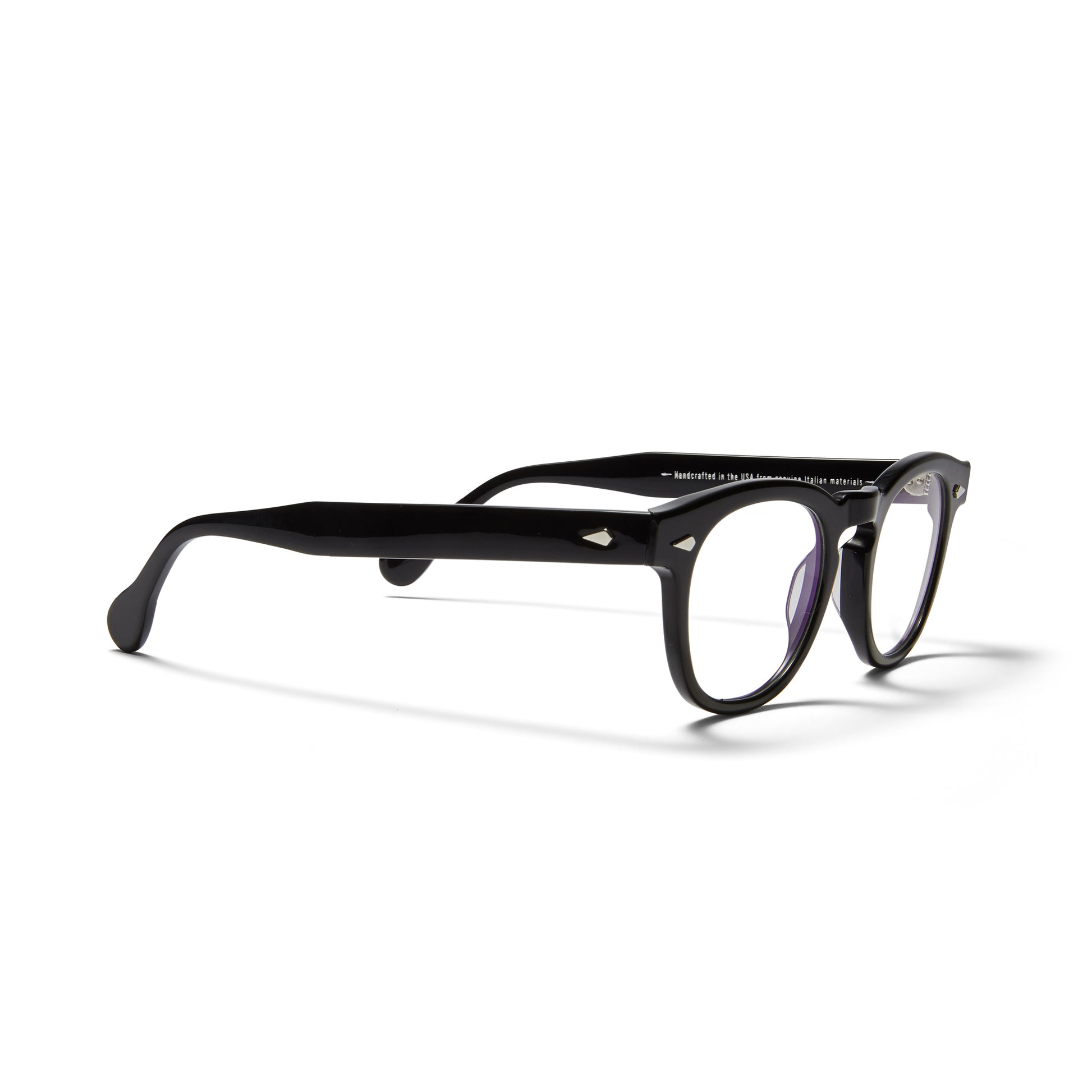 A side view of the glossy black Arnel USA frame—the Vintage eyewear. 