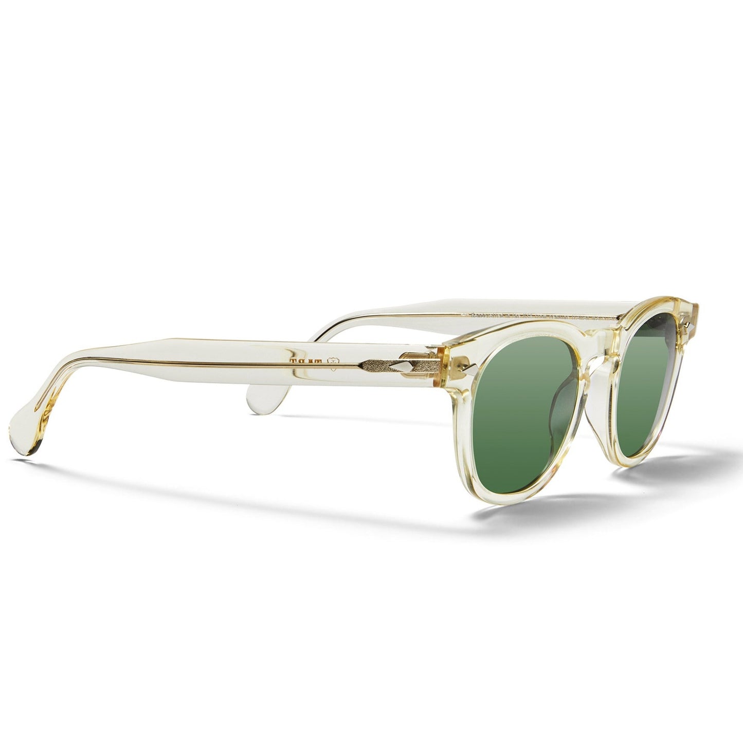 A side view of the champaign Arnel USA sunglass frame—the Vintage eyewear. 
